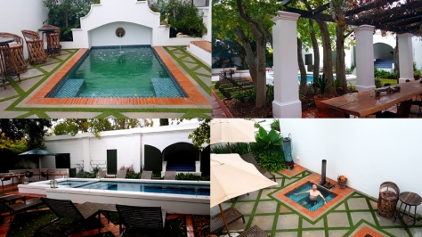 The main pool - bottom-left - has a jacuzzi at one end. Also see the private pool and jacuzzi outside out cottage's suites in the top-let and bottom-right. Consider us two waterbabies delighted!