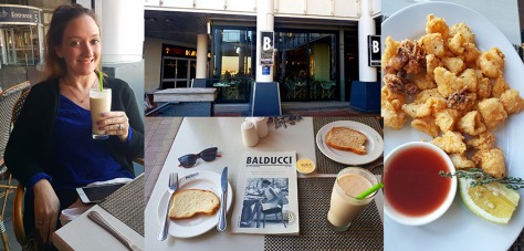 We were invited to review the new winter lunch specials at Balducci's in the V&A Waterfront that afternoon. See my Amarula Colada shake and Husband's salt-and-pepper squid starter.