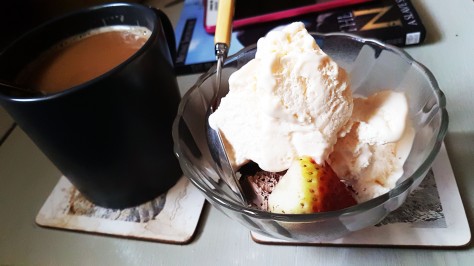 Strawberries, choc cake and ice cream with coffee for Sunday evening dessert at Mum's.