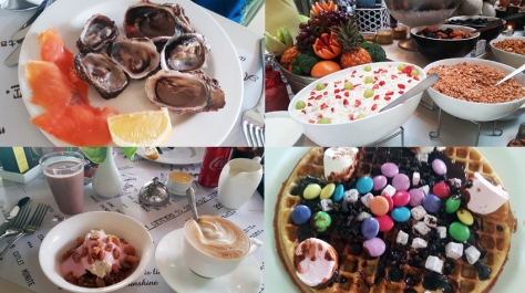 Our first-morning pickings from the Oyster Box Hotel's breakfast buffet featured oysters and salmon for him, as well as bircher muesli, chocolate milk and a waffle with all the toppings for me. 
