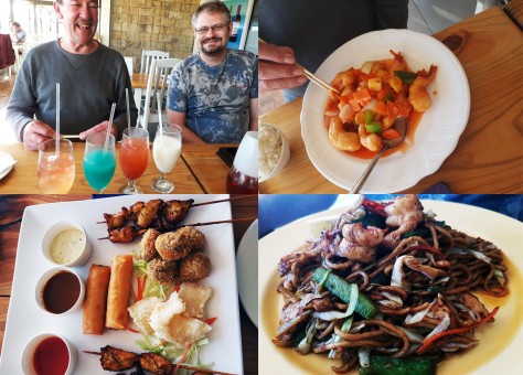 More scenes from our Saturday feast - cocktail happiness; Dad's sweet-and-sour prawns top-right; Mum's assorted appetizer starter of crumbed mushrooms, crunchy calamari, chicken satay and vegetable spring rolls; and Husband's seafood fried noodles.