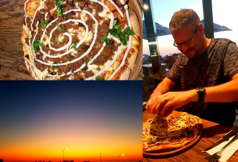 By Saturday evening we were a little peckish again so see the Otomi (chilli con carne, coriander, spiced yoghurt) pizza we shared at Col'cacchio, Seaside Village. Also see the sunset over the sea.