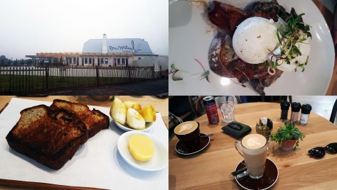 It was the Winteriest day on Sunday so we sat inside at the new Ou Meul Bakkery in Melkbos (where the farmstall used to be). See Husband's eggy toast and my toasted banana bread, as well as our coffees - a flat white and honey-nut latte, respectively.